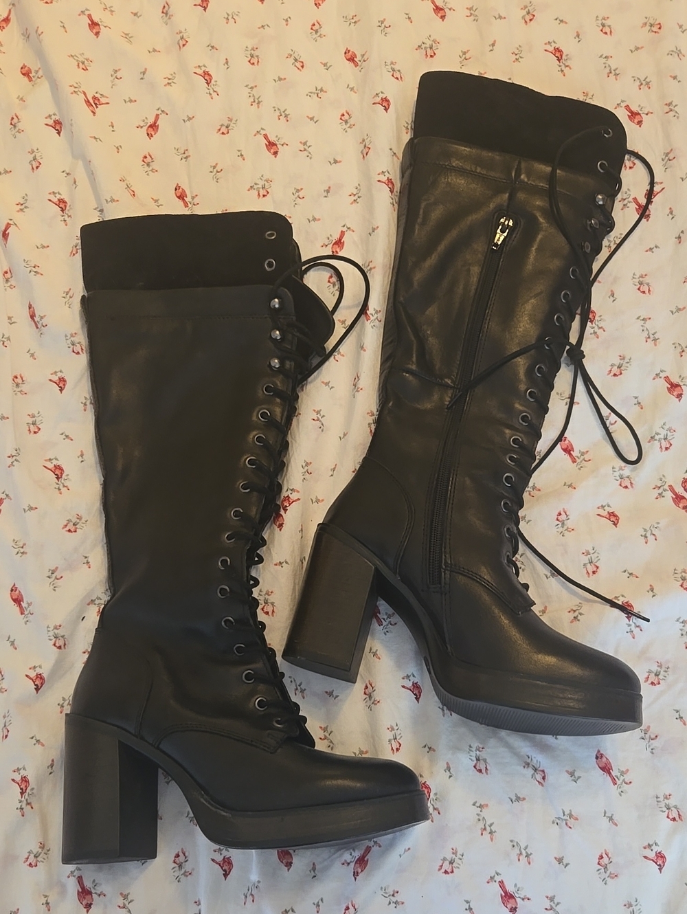 Steven Maddens Women’s Black Lace-Up Mid-Calf Heeled Boots